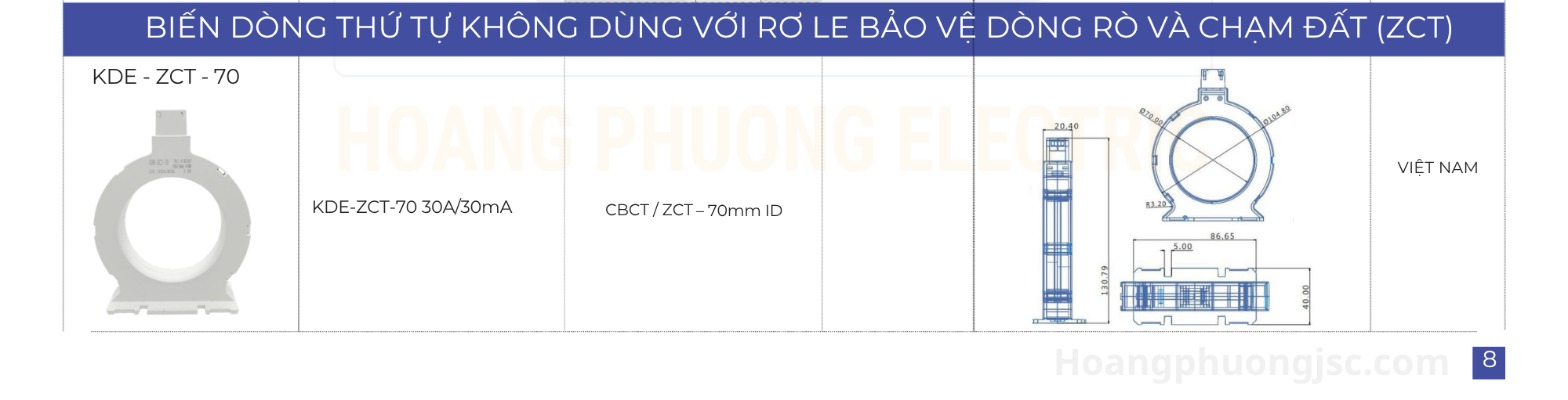 Biến dòng ZCT KDE (Zero-sequence Current Transformer) là loại biến dòng chuyên dụng dùng để phát hiện dòng rò và bảo vệ chạm đất trong hệ thống điện. Thiết bị hoạt động bằng cách đo tổng dòng điện của các pha; trong điều kiện bình thường tổng này bằng (0). Nếu có dòng rò, biến dòng sẽ gửi tín hiệu về rơ-le để ngắt mạch, ngăn ngừa cháy nổ và bảo vệ con người.