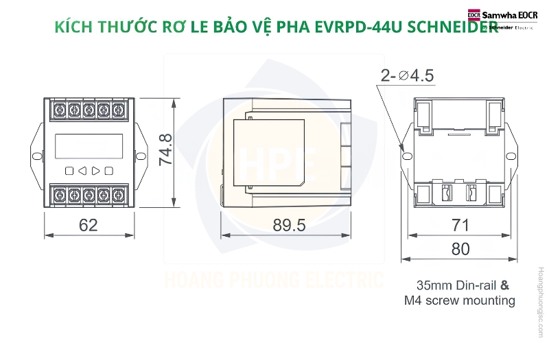 Kích thước Rơ le bảo vệ pha EOCR EVRPD-44U Schneider