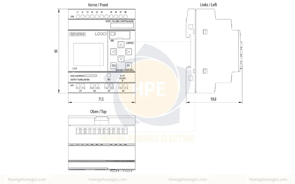 Kích thước Siemens Simatic 6ED1052-1FB08-0BA1 Bộ lập trình điều khiển LOGO! 230RCE
