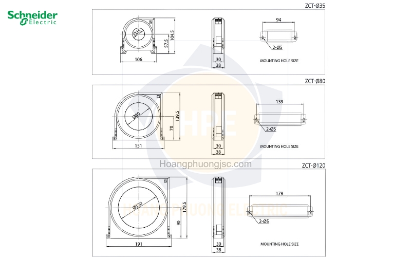Kích thước biến dòng bảo vệ chạm đất thứ tự không ZCT Ø35mm, Ø80mm, Ø120mm