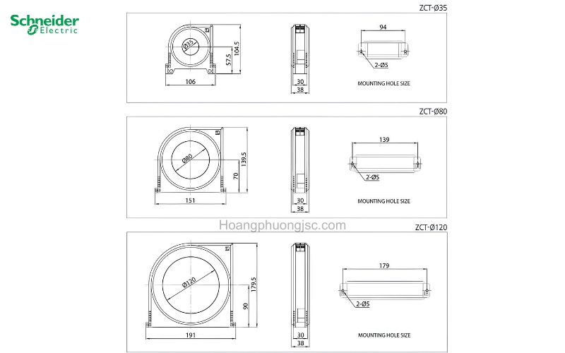 Kích thước biến dòng bảo vệ chạm đất thứ tự không ZCT Ø35mm, Ø80mm, Ø120mm