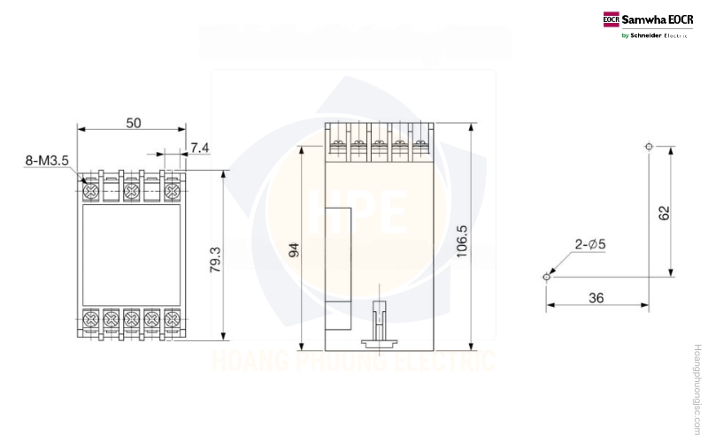 Kích thước rơ le bảo vệ động cơ EVR-PD Schneider