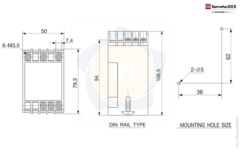 Kích thước rơ le bảo vệ pha PMR Schneider