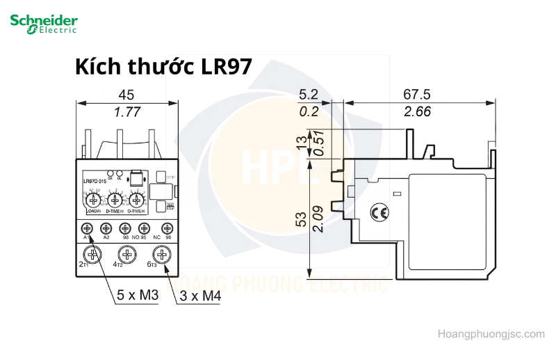 Kích thước rơ le điện tử LR97 Schneider