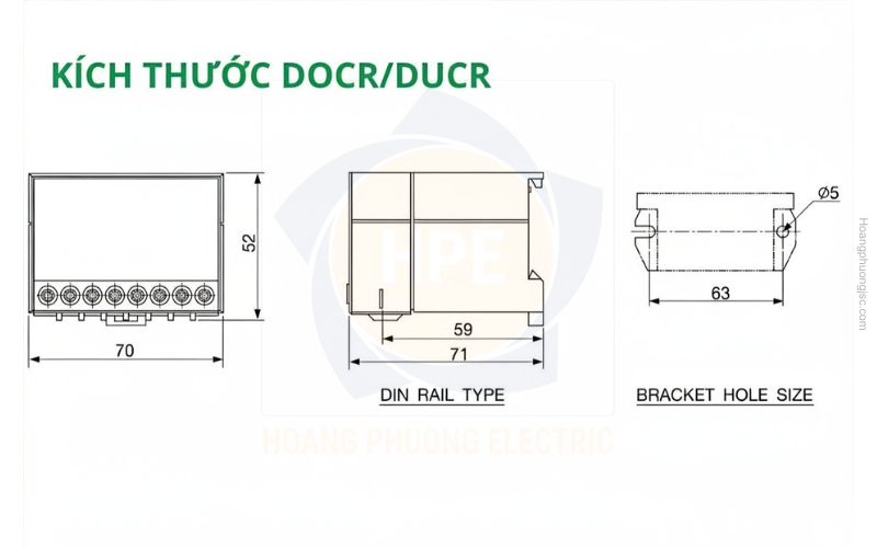 Kích thước thiết bị bảo vệ quá dòng 1 chiều có màn hình hiển thị DOCR Schneider
