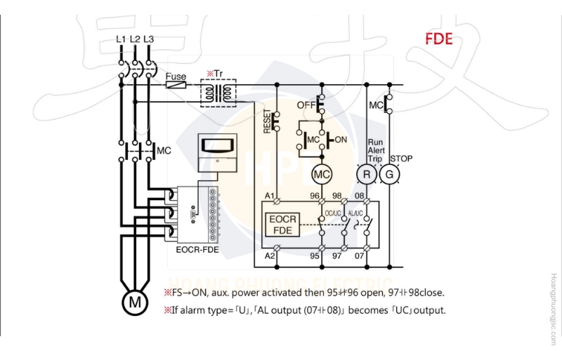 Sơ đồ nối dây rơ le bảo vệ động cơ EOCR-FDE Schneider