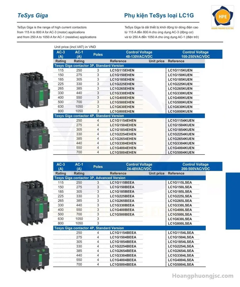 Contactor Schneider TeSys Giga (LC1G) là dòng khởi động từ công suất lớn thế hệ mới của Schneider Electric, được thiết kế cho các ứng dụng động cơ từ 115A đến 800A.