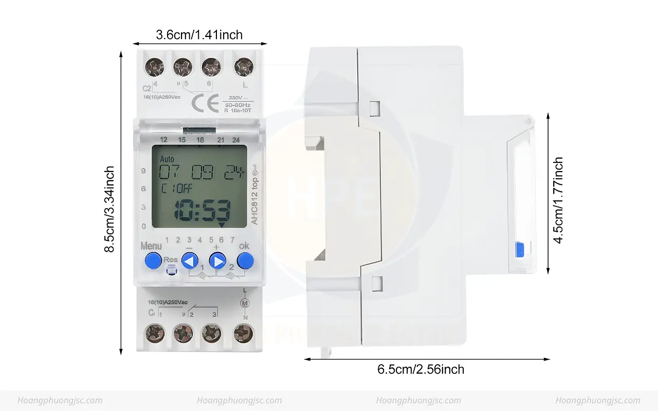 Kích Thước Công Tắc Hẹn Giờ Điện Tử AHC812 top Timer Số 2 Kênh Độc Lập 16A
