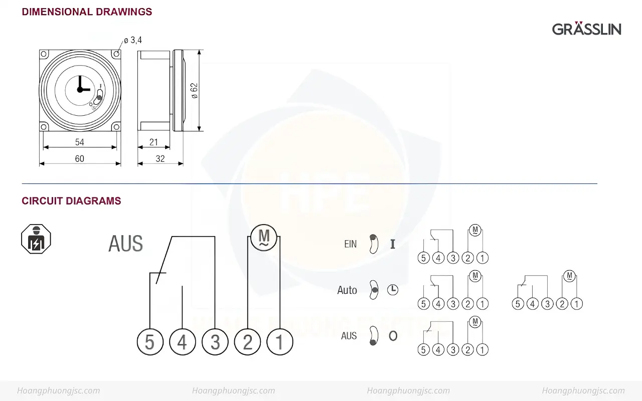 Kích thước và sơ đồ đấu nối công tắc hẹn giờ grasslin FM1 QRTuZH