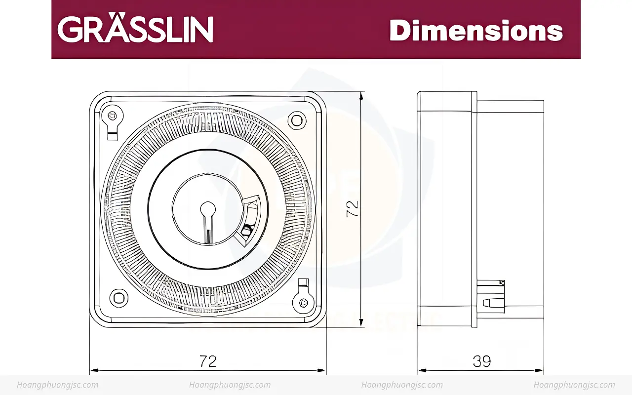 Kích thước Công Tắc Hẹn Giờ Grasslin Tactic 211.E Timer Cơ 24h Thanh Ray Đức