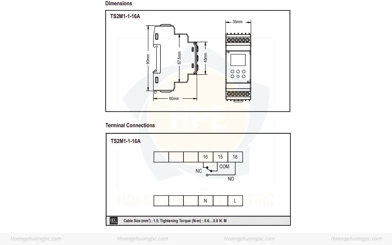 Kích thước Selec TS2M1-1-16A-230V Timer Switch hiển thị màn hình LCD