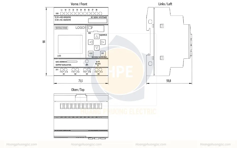 Kích thước Siemens Simatic 6ED1052-1MD08-0BA1 Bộ lập trình điều khiển LOGO! 1224RCE