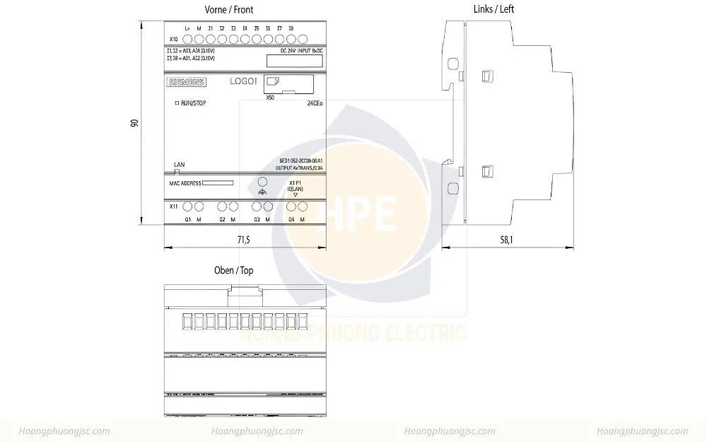 Kích thước Siemens Simatic 6ED1052-2CC08-0BA1 Bộ lập trình điều khiển LOGO! 24RCEO
