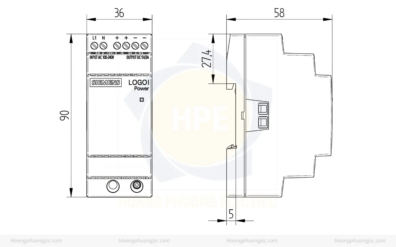 Kích thước Siemens Simatic 6EP3310-6SB00-0AY0 Bộ nguồn LOGO! POWER 5V 3A
