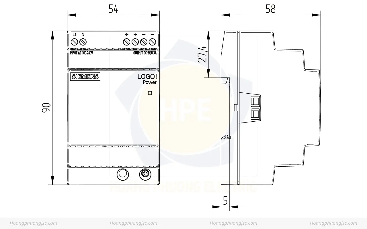 Kích thước Siemens Simatic 6EP3311-6SB00-0AY0 Bộ nguồn LOGO! POWER 5V 6.3A