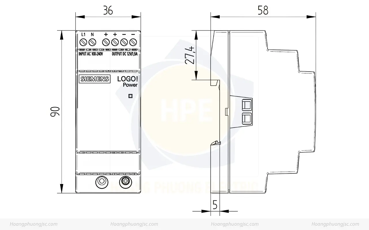 Kích thước Siemens Simatic 6EP3321-6SB00-0AY0 Bộ nguồn LOGO! POWER 12V 1.9A