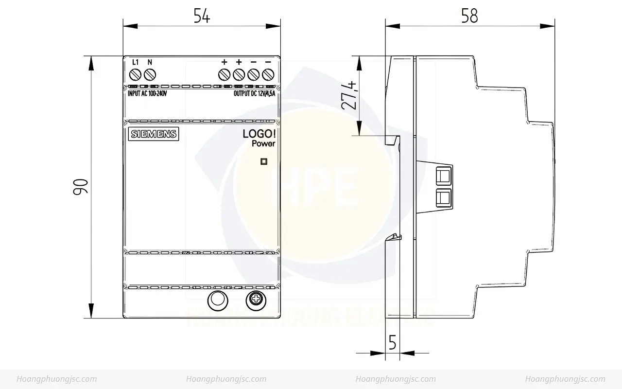 Kích thước Siemens Simatic 6EP3322-6SB00-0AY0 Bộ nguồn LOGO! POWER 12V 4.5A