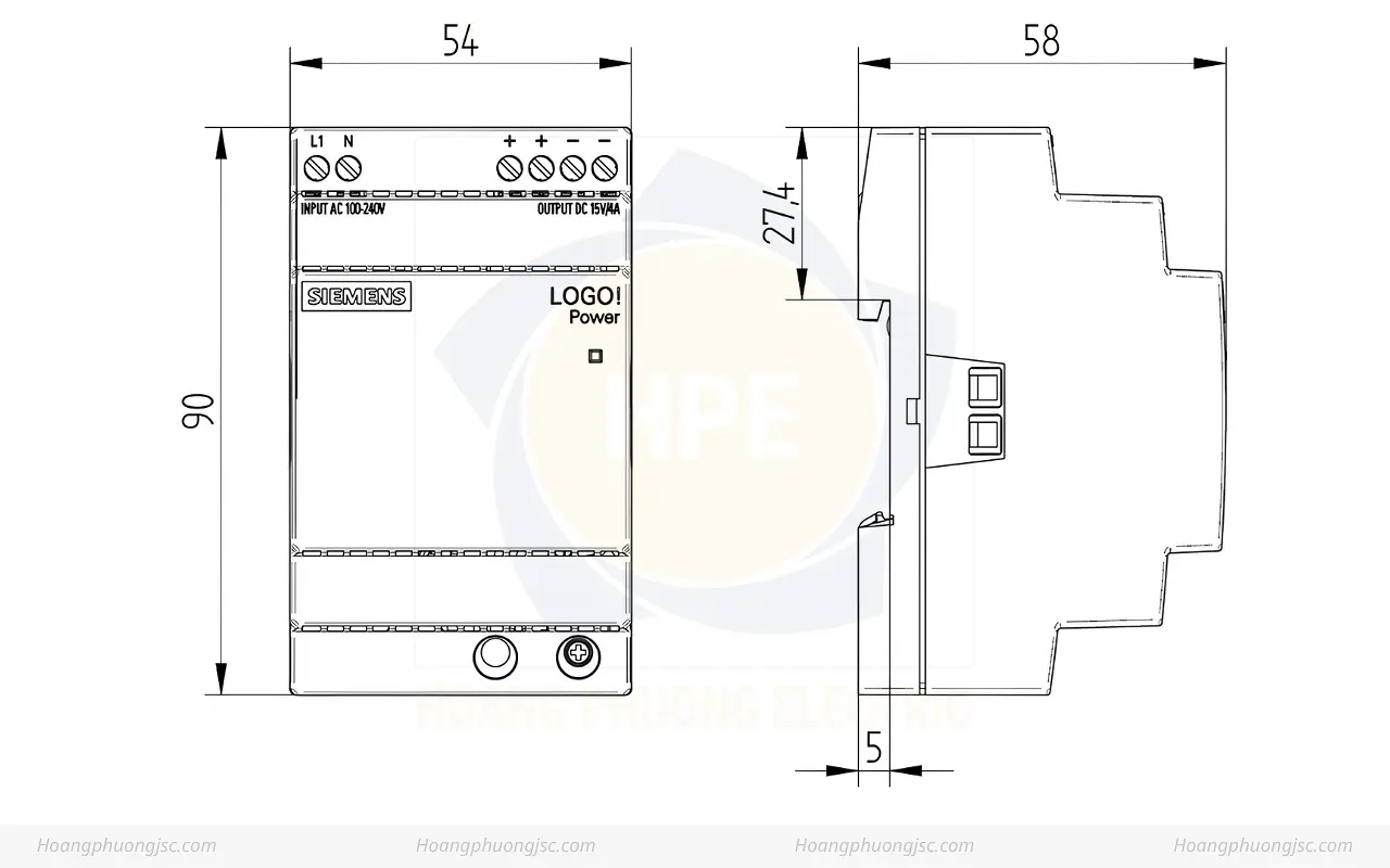Kích thước Siemens Simatic 6EP3322-6SB10-0AY0 Bộ nguồn LOGO! POWER 15V 4A