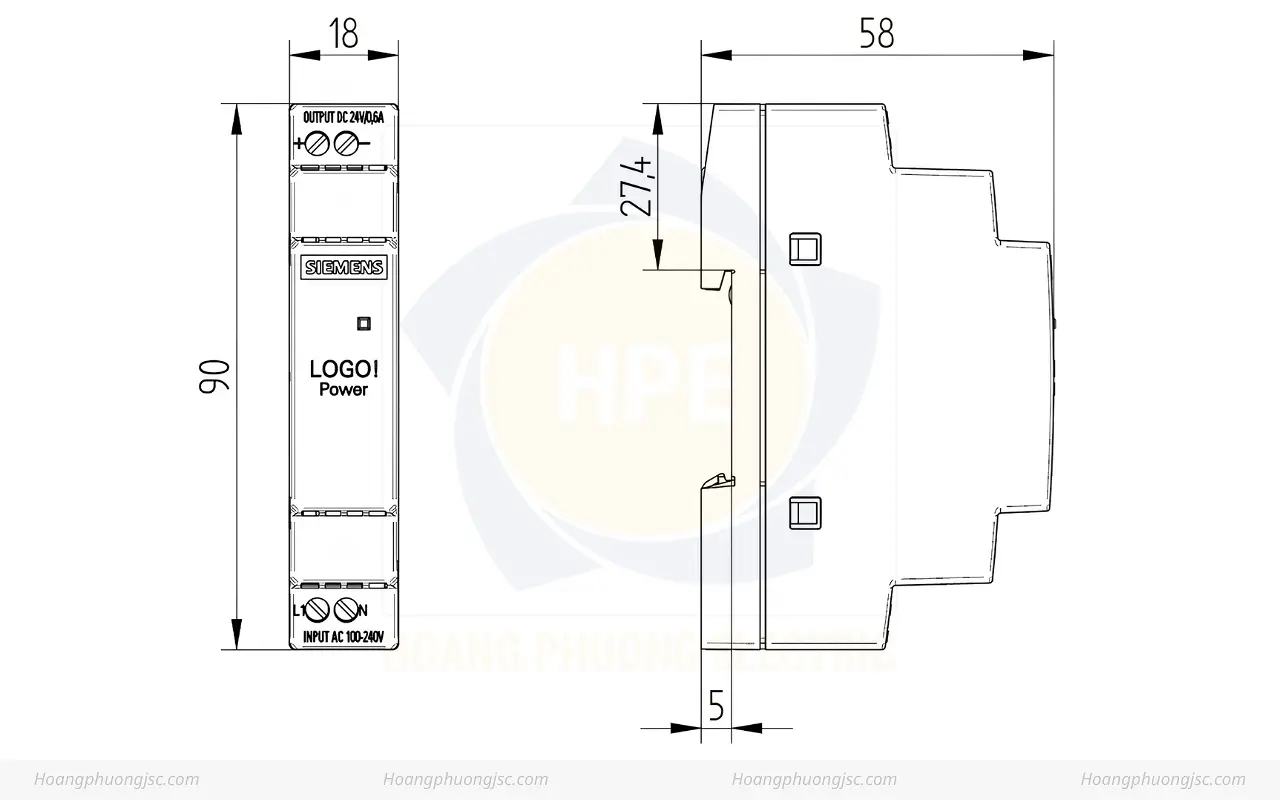 Kích thước Siemens Simatic 6EP3331-6SB00-0AY0 : Bộ nguồn LOGO! POWER 24V 1.3A