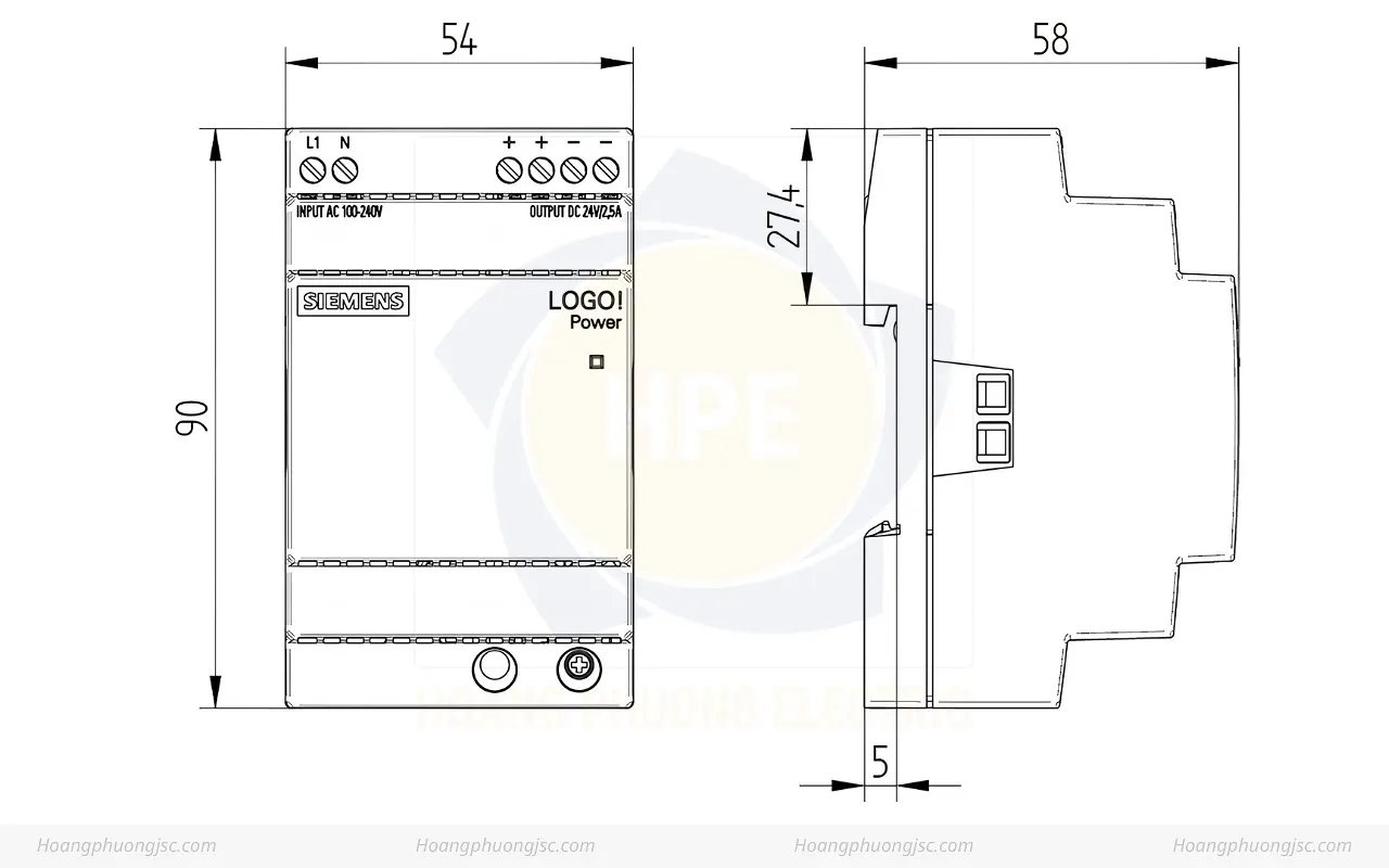 Kích thước Siemens Simatic 6EP3332-6SB00-0AY0 Bộ nguồn LOGO! POWER 24V 2.5A