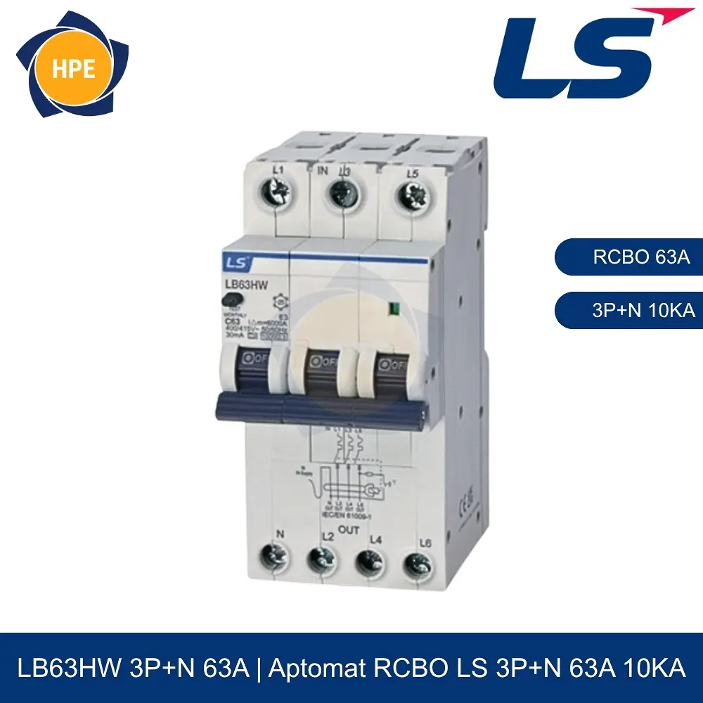 LB63HW 3P+N 63A | Aptomat chống giật RCBO 3P+N 63A 10kA LS
