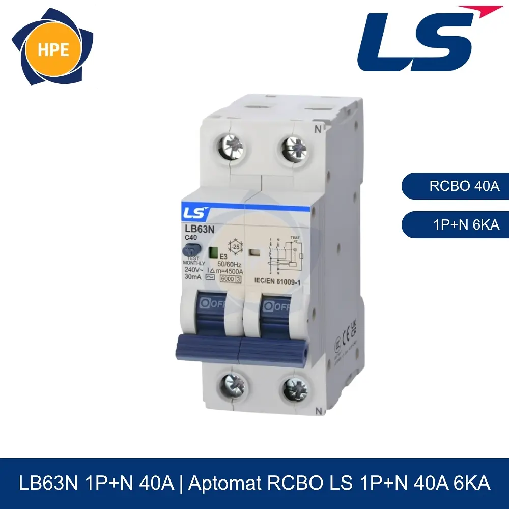 LB63N 1P+N 40A | Aptomat chống giật RCBO 1P+N 40A 6kA LS