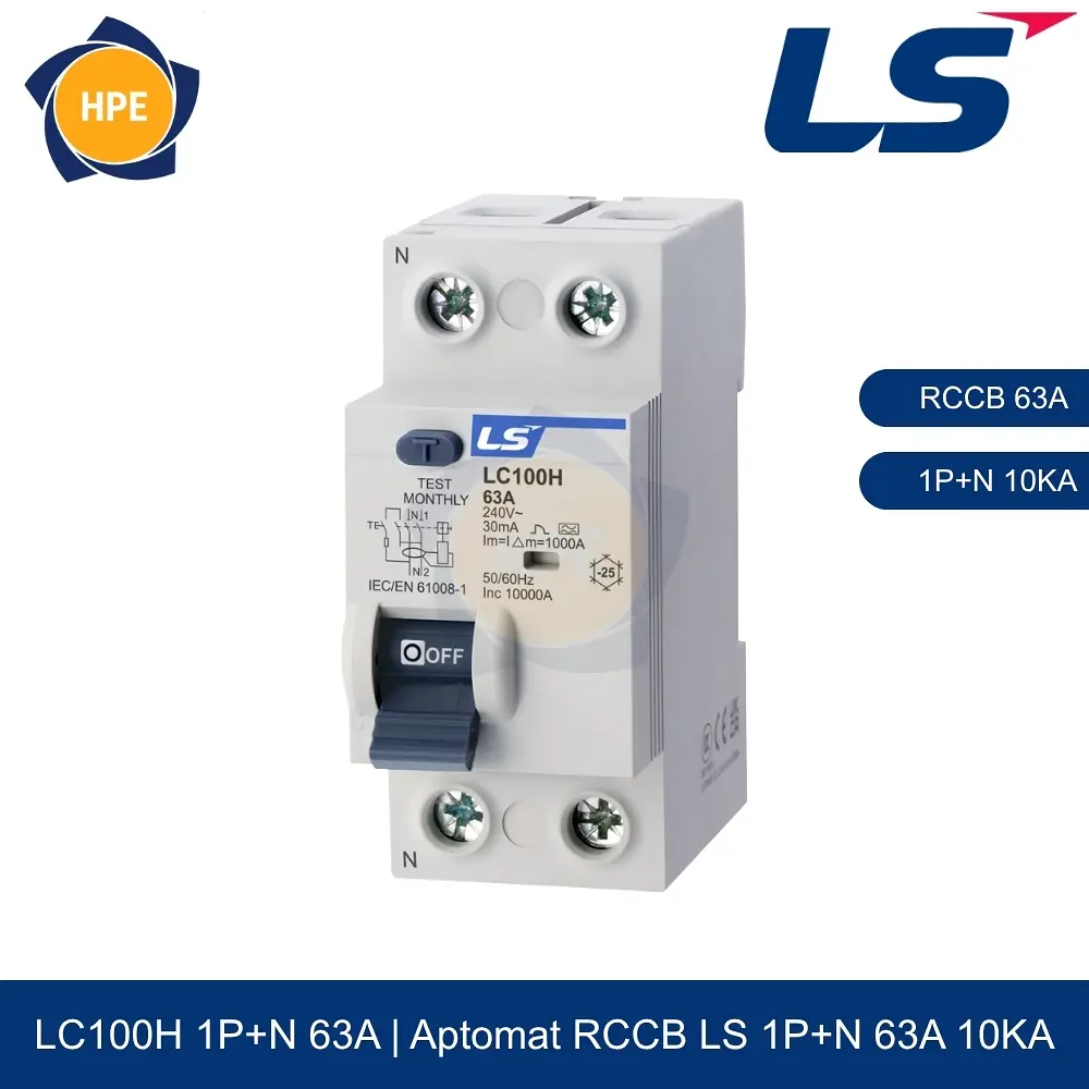 LC100H 1P+N 63A | Aptomat chống giật RCCB 1P+N 63A 10kA LS