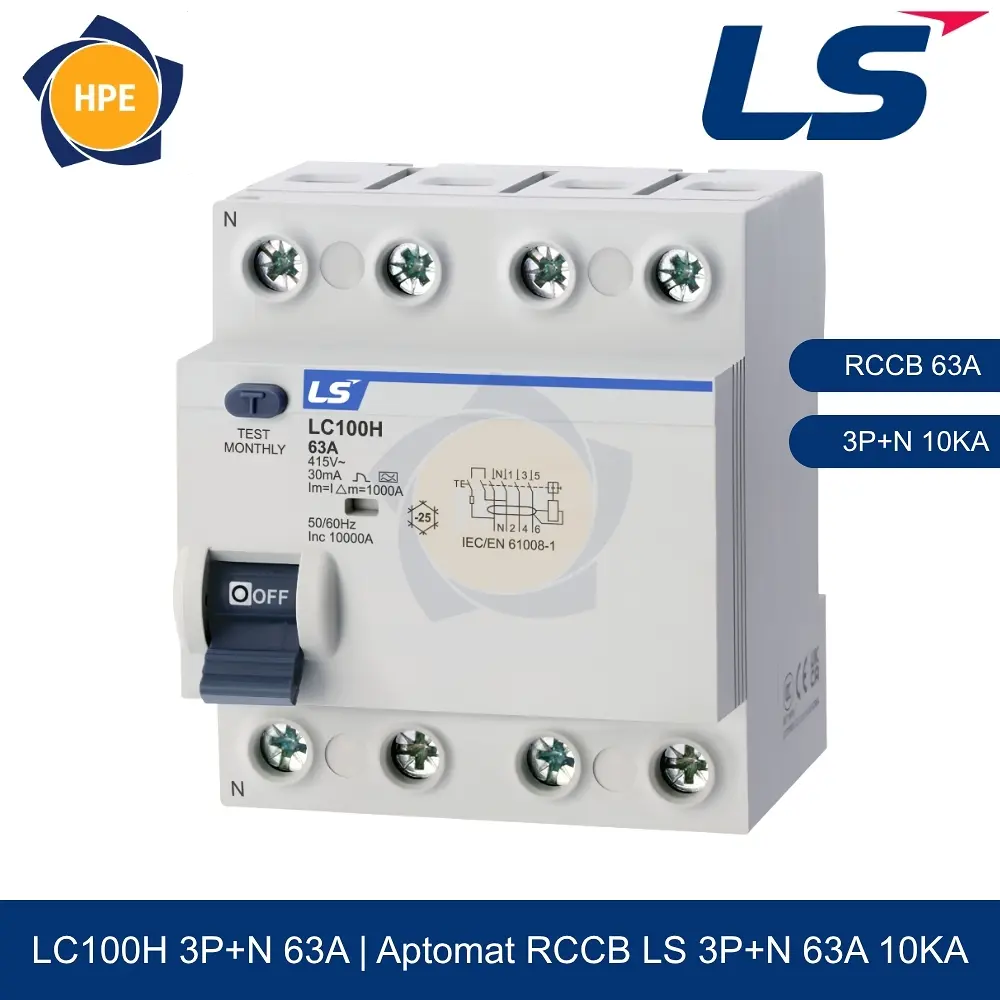 LC100H 3P+N 63A | Aptomat chống giật RCCB 3P+N 63A 10kA LS