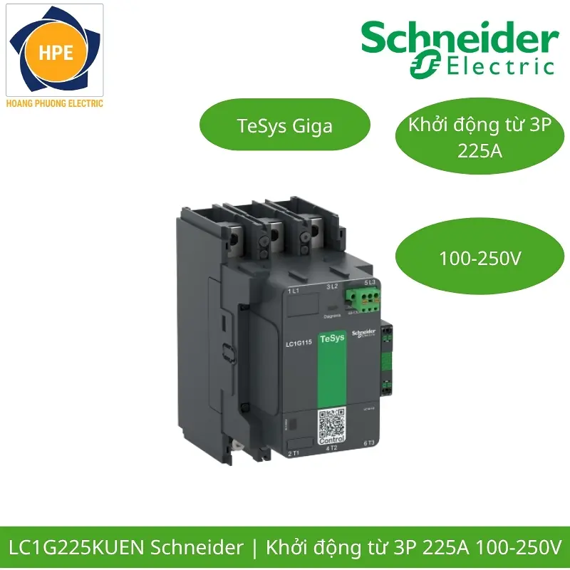 LC1G225KUEN Schneider – Contactor TeSys Giga 225A 3P Cuộn Hút 100-250VAC/DC