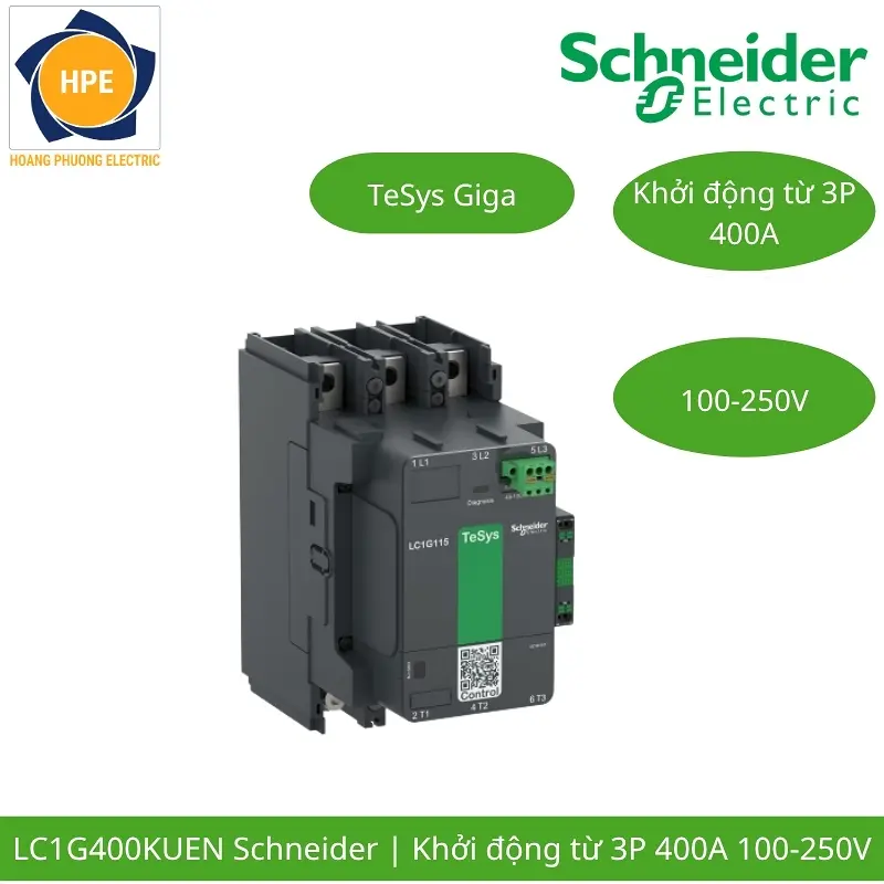LC1G400KUEN Schneider – Contactor TeSys Giga 400A 3P Cuộn Hút 100-250VAC/DC