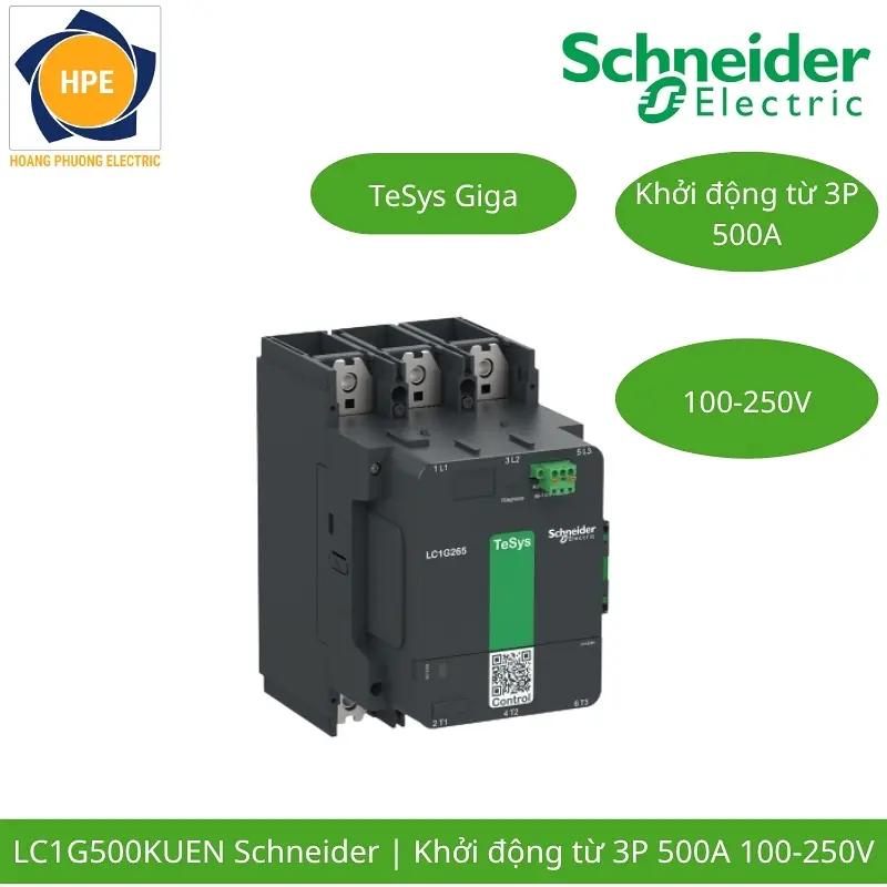 LC1G500KUEN Schneider – Contactor TeSys Giga 500A 3P Cuộn Hút 100-250VAC/DC