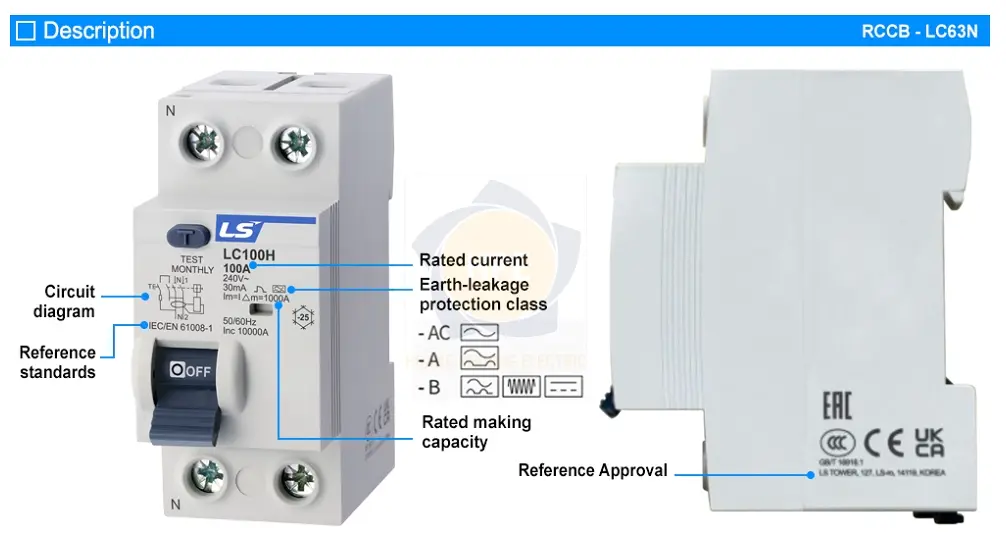 LC100H 3P+N 50A | Aptomat chống giật RCCB 3P+N 50A 10kA LS