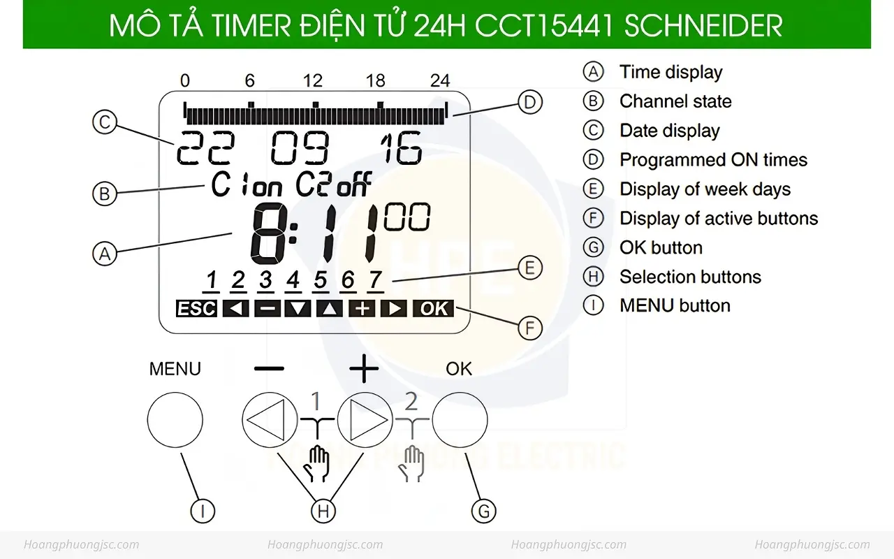 Mô tả timer điện tử 24h CCT15441 Schneider