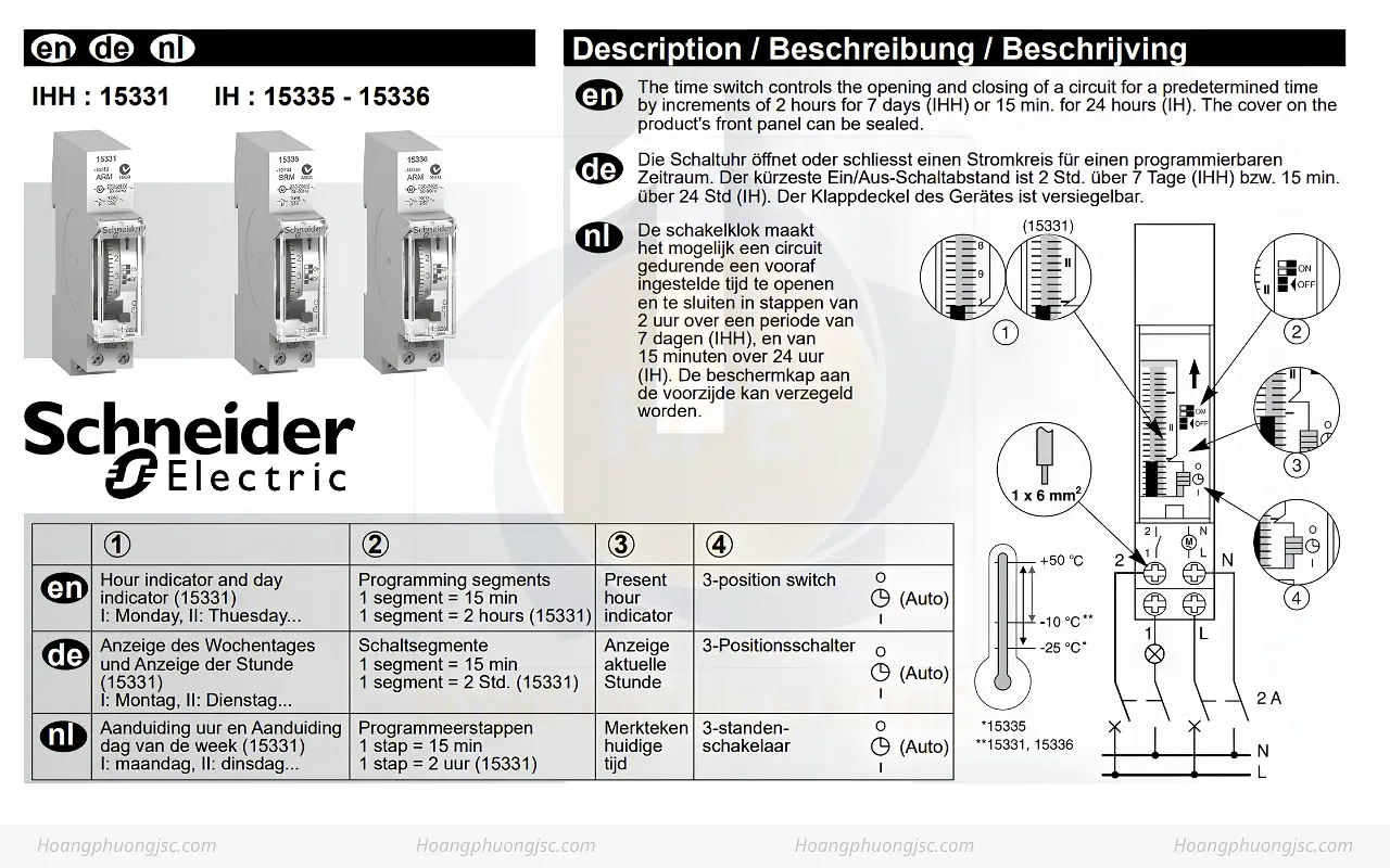 Sơ đồ đấu dây và thông số kỹ thuật bộ hẹn giờ cơ Schneider 15336 Acti9 IH