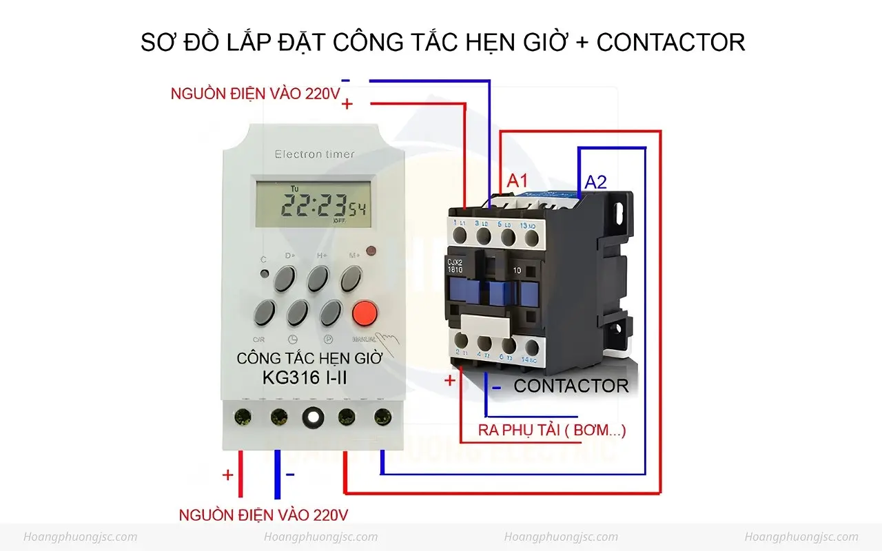 Sơ đồ lắp đặt công tắc hẹn giờ + contactor