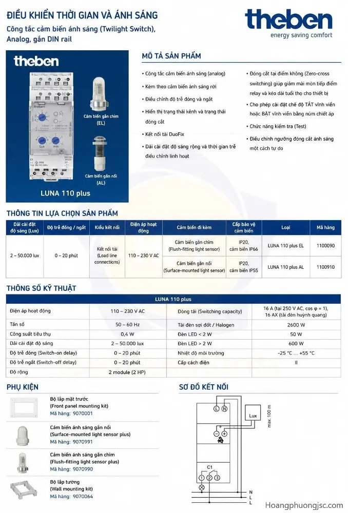 Công tắc cảm biến ánh sáng Theben LUNA 110 Plus AL và EL chính hãng Đức. Điều khiển đèn tự động theo độ sáng môi trường, tải 16A, dải 2–50.000 Lux, phân phối bởi Thiết bị điện Hoàng Phương.
