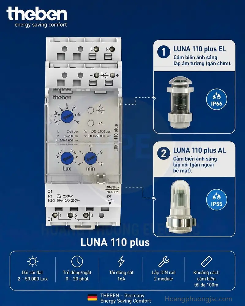 LUNA LUNA 110 Plus EL và LUNA 110 Plus AL của Theben Đức. Tư vấn lựa chọn cảm biến ánh sáng phù hợp cho biệt thự, nhà xưởng, đèn đường và công trình dân dụng.110 Plus Germany