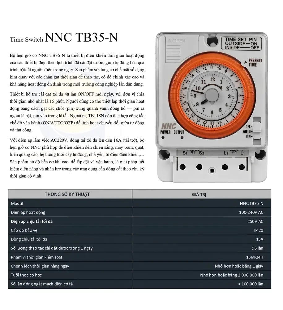 Tài liệu giới thiệu sản phẩm Bộ hẹn giờ cơ (Time Switch) NNC TB35-N.