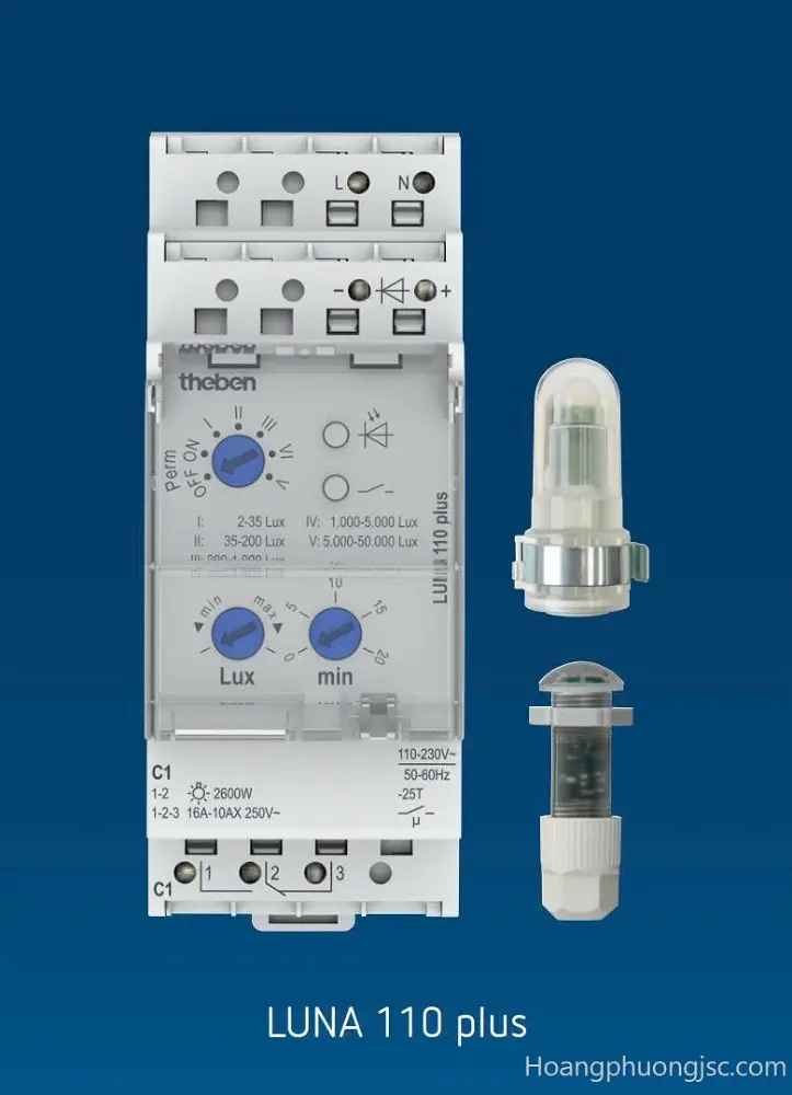Công tắc cảm biến ánh sáng Theben LUNA 110 Plus AL và EL chính hãng Đức. Điều khiển đèn tự động theo độ sáng môi trường, tải 16A, dải 2–50.000 Lux, phân phối bởi Thiết bị điện Hoàng Phương.