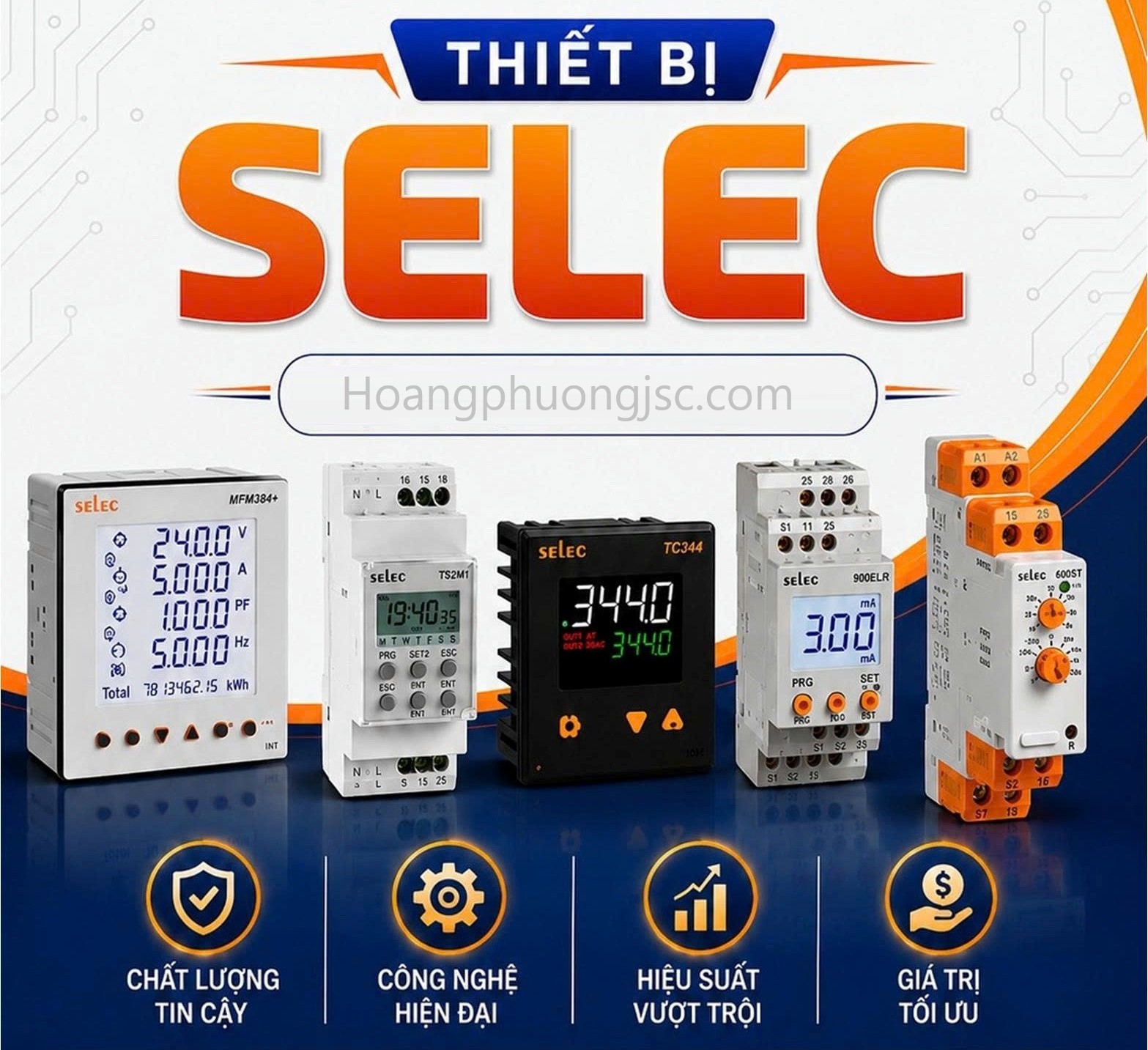Thiết bị điện Selec là thương hiệu nổi tiếng đến từ Ấn Độ, chuyên về đo lường điện năng, relay bảo vệ, timer, bộ điều khiển tụ bù, PLC, HMI và các giải pháp tự động hóa công nghiệp.