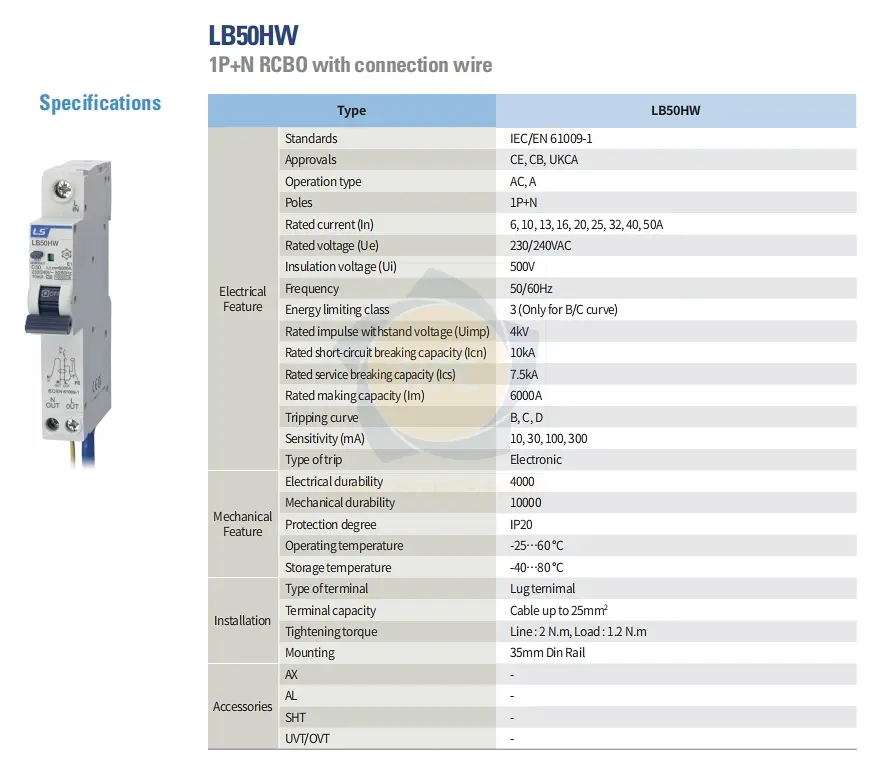 LB50HW 1P+N 50A | Aptomat chống giật RCBO 1P+N 50A 10kA LS