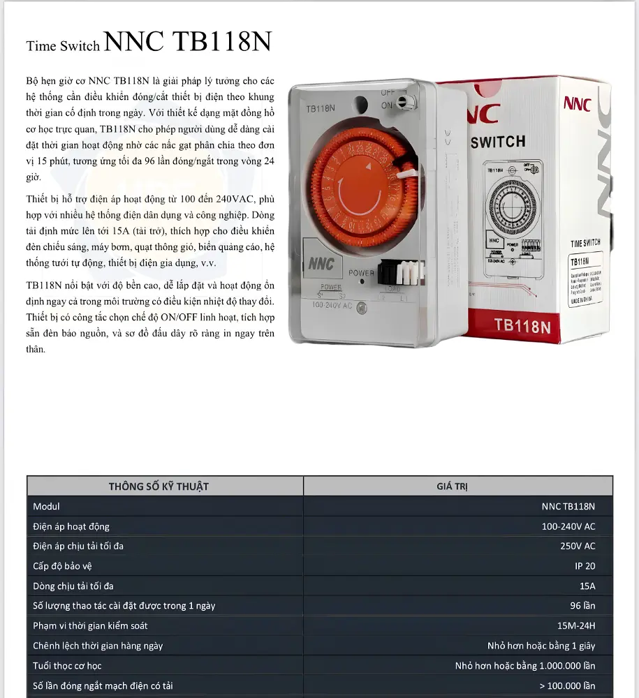 Thông số kỹ thuật rơ-le thời gian NNC TB118N