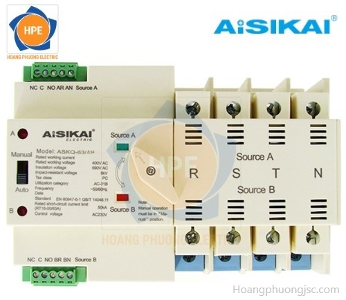 Bộ chuyển nguồn tự động ATS Aisikai là thiết bị chuyên dùng để tự động chuyển đổi giữa nguồn điện lưới và nguồn điện máy phát khi xảy ra sự cố mất điện. Với khả năng vận hành ổn định, độ bền cao và dải dòng điện rộng từ 63A đến 6300A, ATS Aisikai hiện được sử dụng phổ biến trong nhà máy, tòa nhà văn phòng, bệnh viện, trung tâm dữ liệu, khách sạn và các công trình công nghiệp lớn.