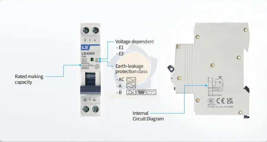 LB40NN 1P+N 32A | Aptomat chống giật RCBO 1P+N 32A 6kA LS