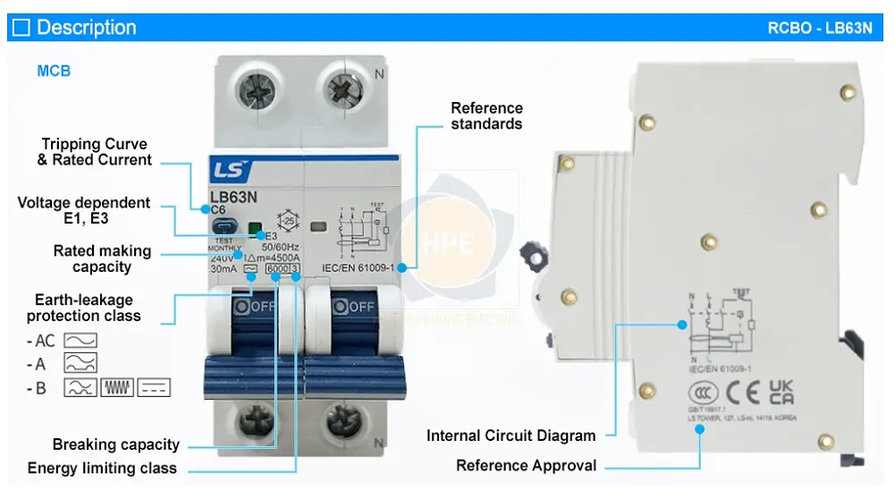 LB63N 1P+N 32A | Aptomat chống giật RCBO 1P+N 32A 6kA LS