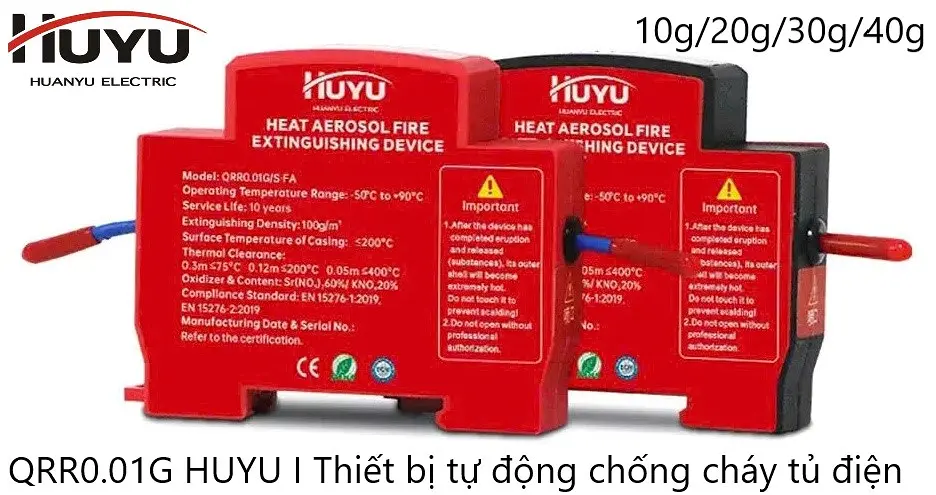 QRR0.01G HUYU là thiết bị chữa cháy khí dung (Hot Aerosol) thu nhỏ, chuyên dụng để bảo vệ các không gian kín nhỏ như tủ điện, tủ điều khiển, và thiết bị điện tử. Thiết bị hoạt động tự động khi phát hiện nhiệt độ cao, dập tắt đám cháy nhanh chóng mà không cần nguồn điện ngoài hay bình chứa áp lực.
