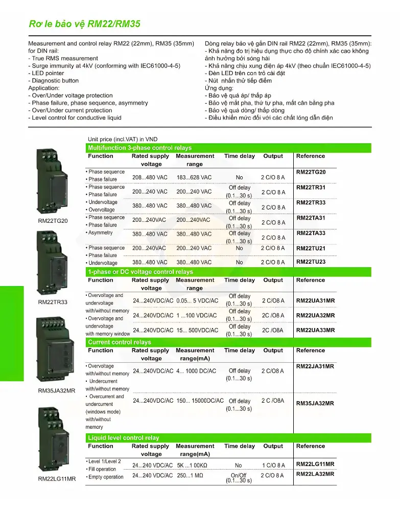 Bảng thông số rơ le bảo vệ Schneider RM22-RM35