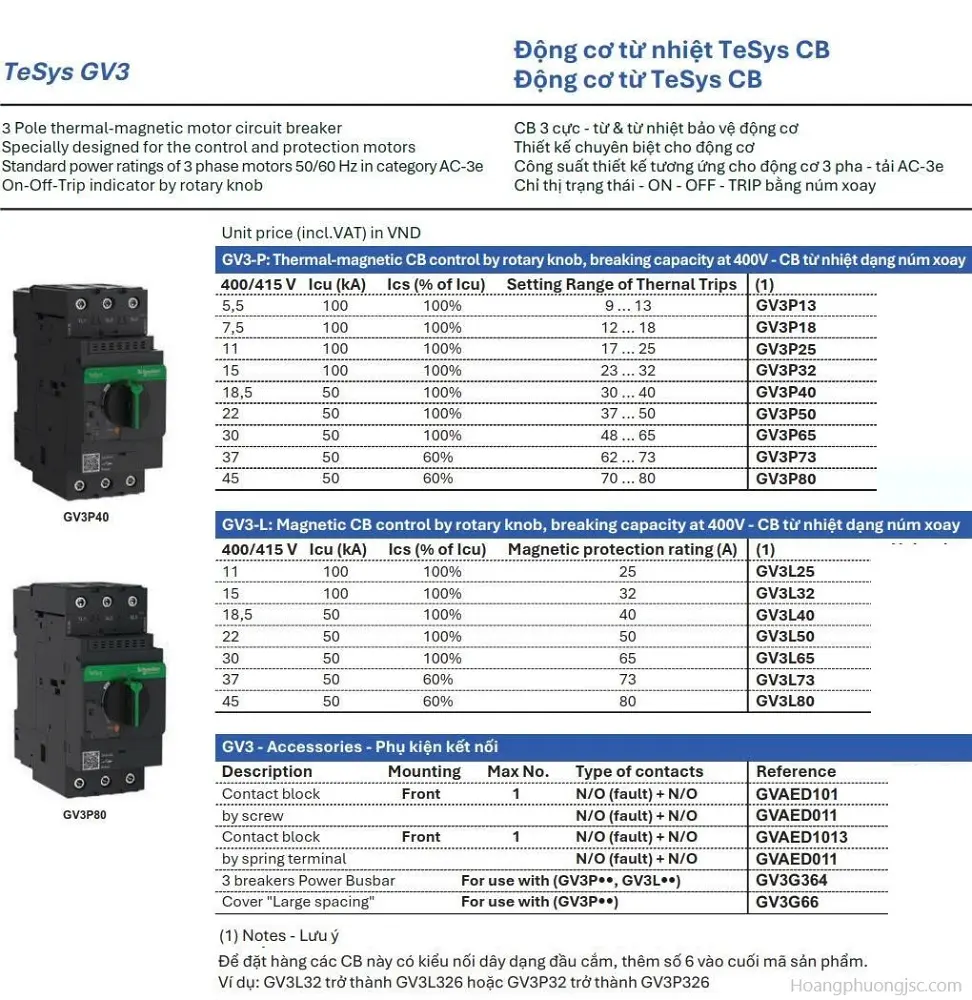 TeSys GV3 là dòng Motor CB dành cho động cơ công suất lớn hơn, hỗ trợ dòng đến 80 A và công suất khoảng 45 kW (400 V), với chiều rộng tiêu chuẩn 55 mm.
