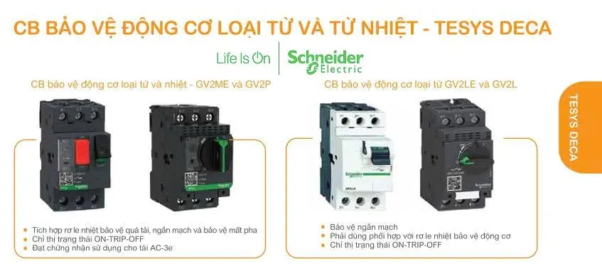 CB bảo vệ động cơ Schneider (MPCB) là thiết bị chuyên dụng bảo vệ động cơ khỏi quá tải, ngắn mạch và mất pha. Các dòng phổ biến nhất gồm GV2 (cho động cơ đến 15kW) và GV3