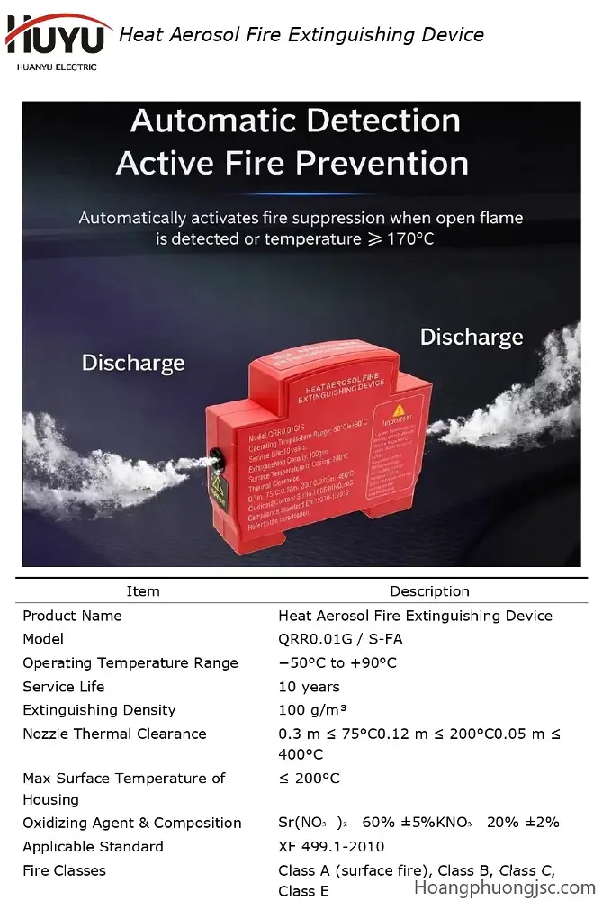Thiết bị chữa cháy khí dung Hot Aerosol QRR0.01G HUYU là giải pháp dập tắt đám cháy tự động cỡ nhỏ chuyên dùng cho các không gian kín và thiết bị nhạy cảm như tủ điện, hộp kỹ thuật, và pack pin.
